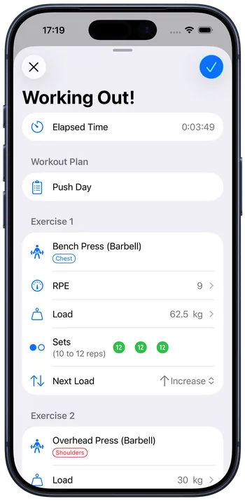 GymForge active workout screen showing exercise tracking