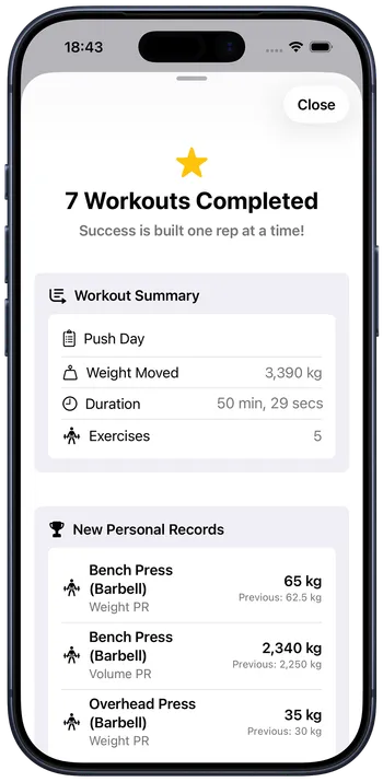 GymForge workout complete screen showing session summary